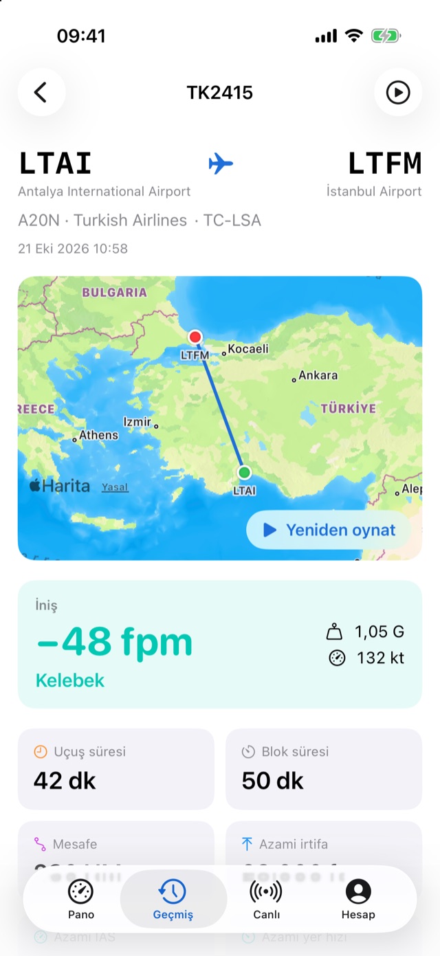 Uçuş ayrıntısı: kalkış ve varış havalimanları, rota haritası ve iniş sertliği kartı